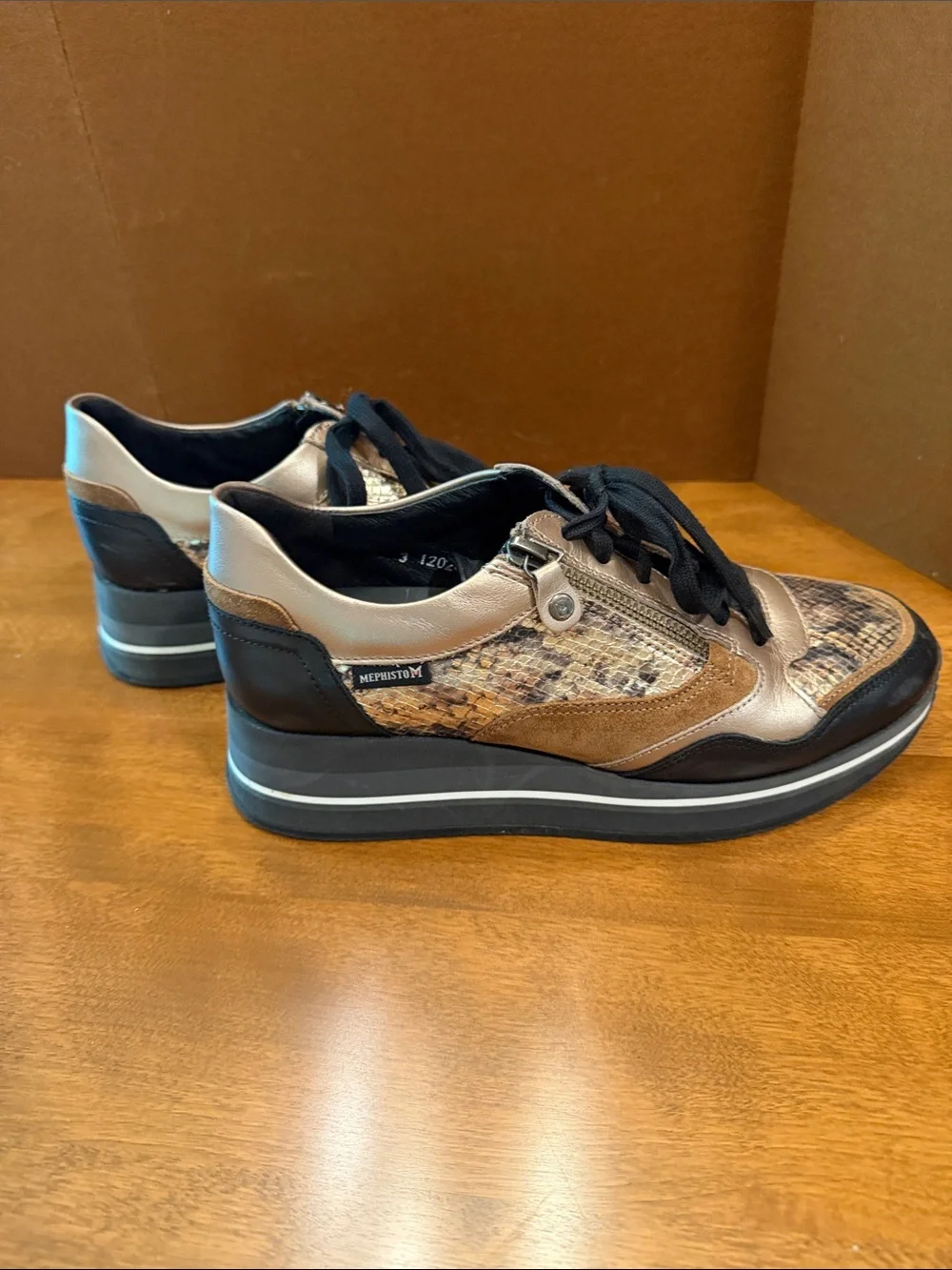 Mephisto Women's Brown Black Tan Snake-Print Athletic Sneakers